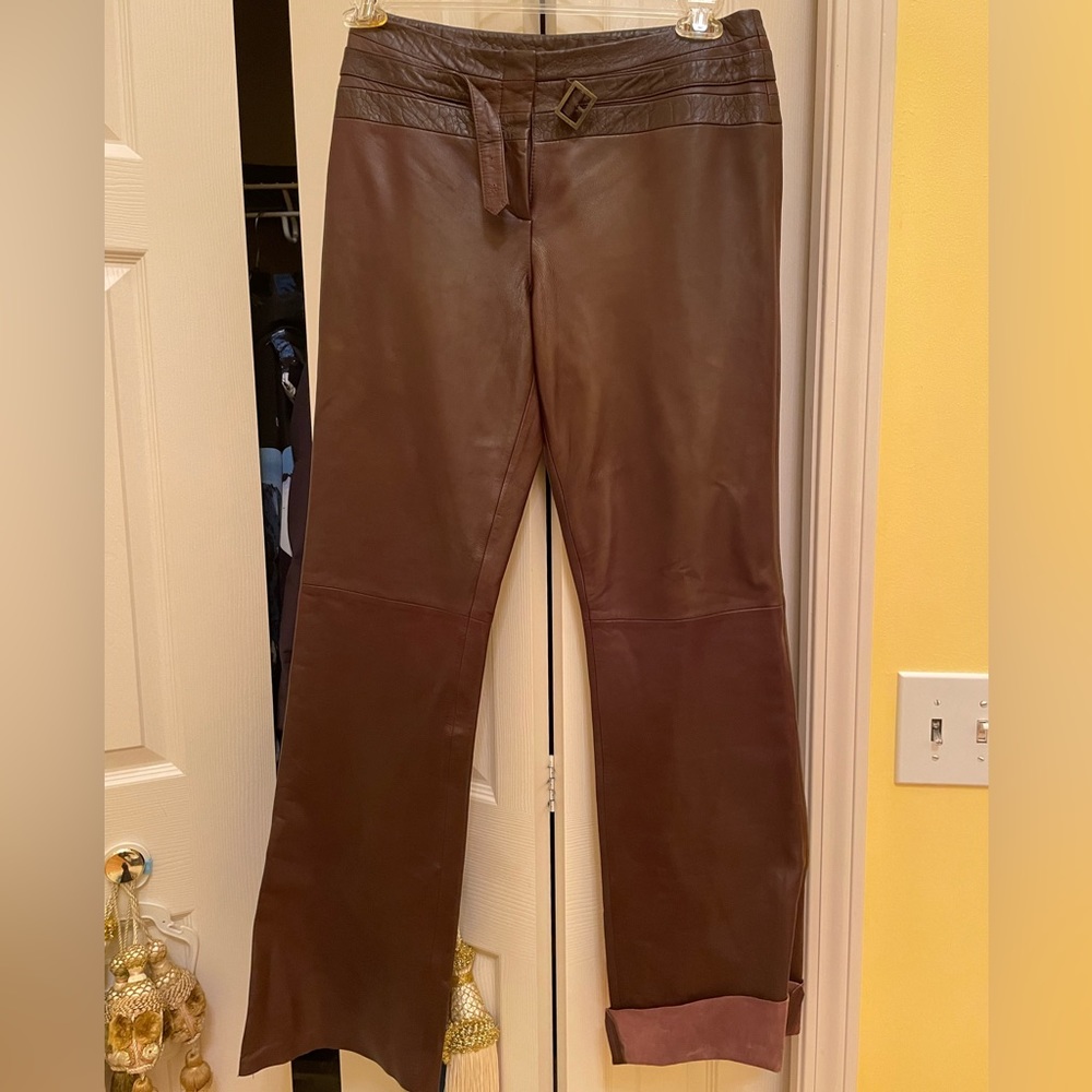 Cache Maroon Leather Boot Cut Pants